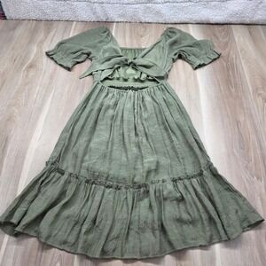 Just Found Dress Womens Large Olive Green Puff Sleeve Tie Back Smocked Midi
